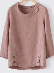 Plain Buttons Round Neck 3/4 Sleeves Blouse
