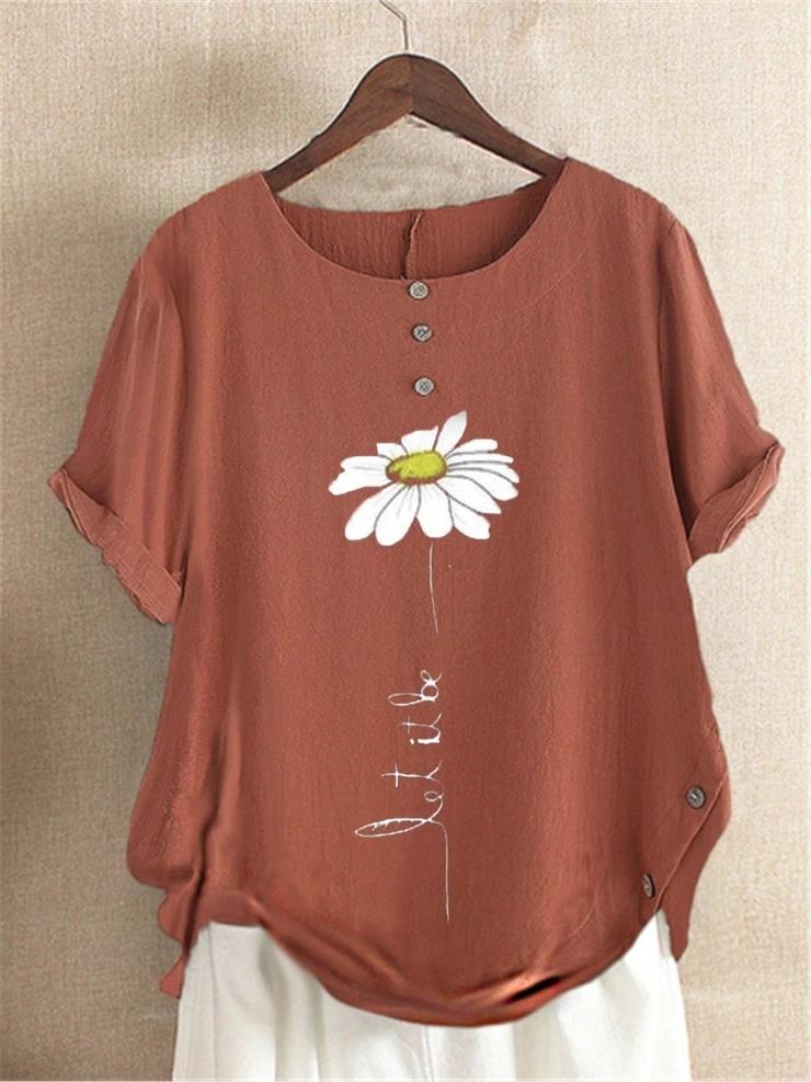 Floral Print Round Neck Short Sleeves Shirts & Tops