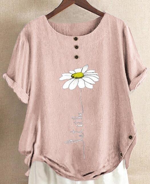 Floral Print Round Neck Short Sleeves Shirts & Tops