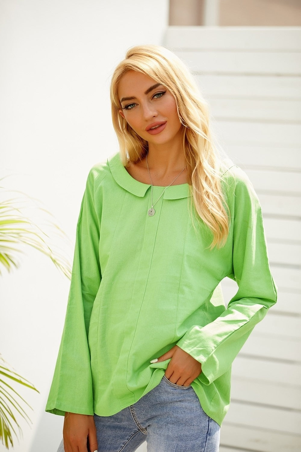 Solid Color Casual Turn-down Collar Long Sleeves Blouse