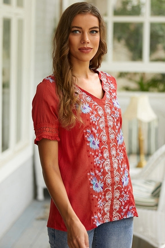 Floral Embroidery V-neck Short Sleeves Shirts & Tops
