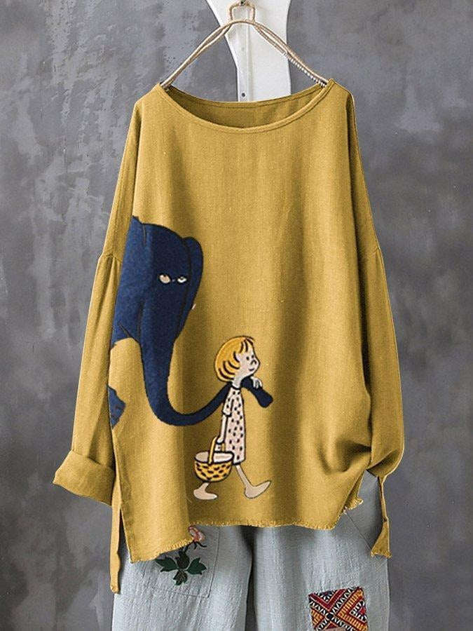 Animal Print Round Neck Long Sleeves Plus Size T-shirt