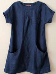 Plain Pockets Round Neck Short Sleeves Blouse