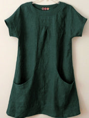Plain Pockets Round Neck Short Sleeves Blouse