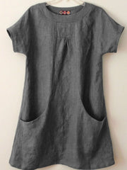Plain Pockets Round Neck Short Sleeves Blouse