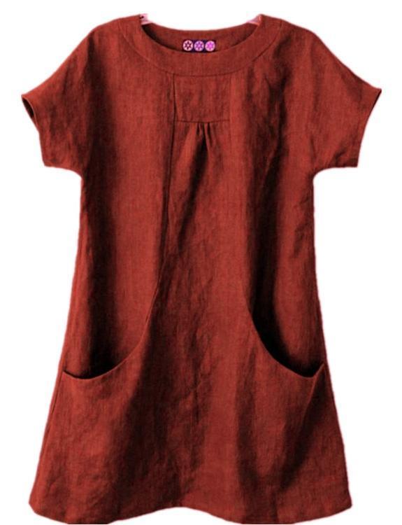 Plain Pockets Round Neck Short Sleeves Blouse