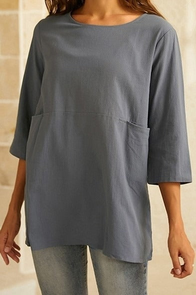 Solid Pockets Crew Neck 3/4 Sleeves Blouse