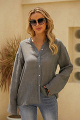 Solid Color Buttons V-neck Long Sleeves Blouse