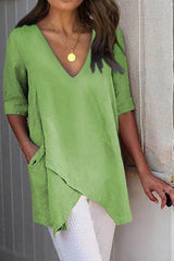 Solid Color with Pockets V-neck Short Sleeves Blouse