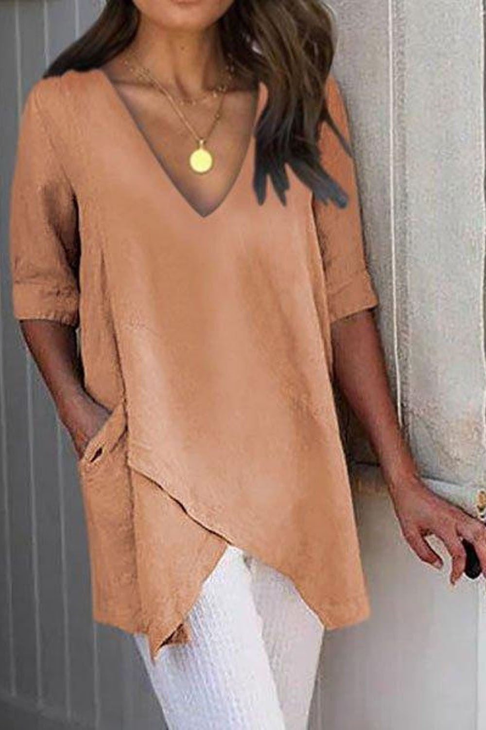 Solid Color with Pockets V-neck Short Sleeves Blouse