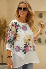 Floral Print Round Neck Half Sleeves Plus Size Blouse