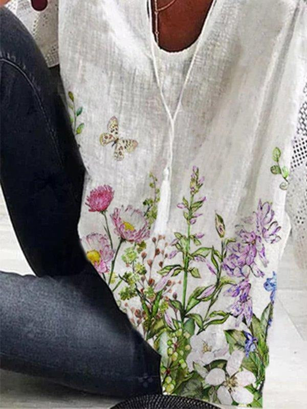 Daily White Floral V-neck 3/4 Length Sleeves Shirt