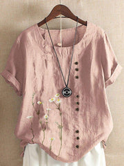 Floral Print Buttons Round Neck Short Sleeves T-shirt