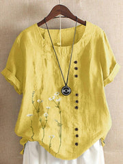 Floral Print Buttons Round Neck Short Sleeves T-shirt
