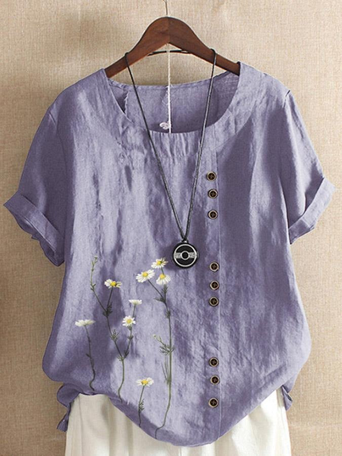 Floral Print Buttons Round Neck Short Sleeves T-shirt