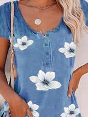Floral Print Buttons Short Sleeves T-shirt