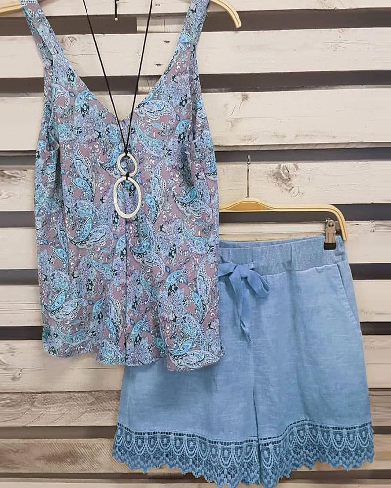 Floral Print V-neck Sleeveless Two Piece Suit