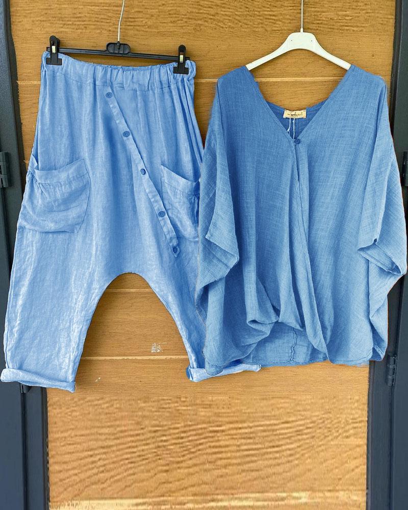 Solid Color Casual Irregular Hem Short Sleeves Two Piece Suit