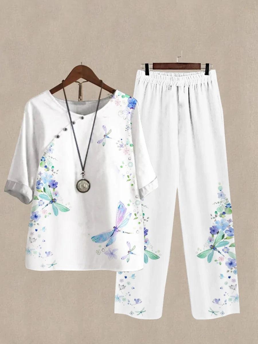 Women's Dragonfly Print Half Sleeve Top And Wide Leg Pants Linen Two Pieces