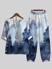 Ink Forest Print Casual Two-piece Suits